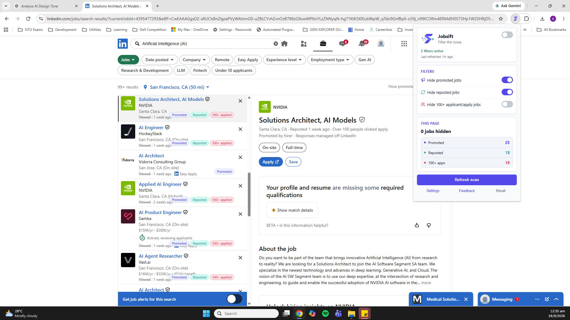 The full JobSift popup open over the same LinkedIn Jobs results, showing its filters and page statistics.