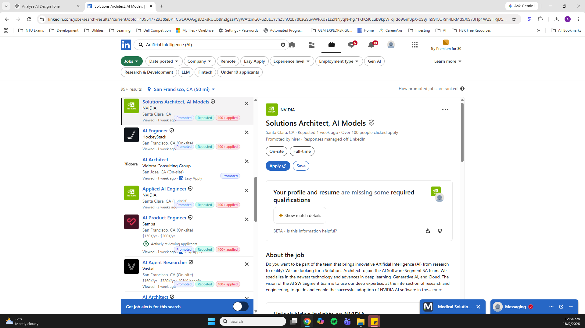 LinkedIn Jobs results with JobSift signal badges on listings and the selected job detail on the right.